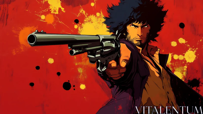 Gunman aims revolver against bold red splatter backdrop.