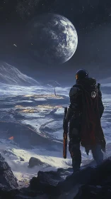 Lone space wanderer quietly surveys a frozen moon colony