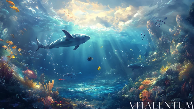 Digital seascape with shark gliding through sunlit reef panorama.