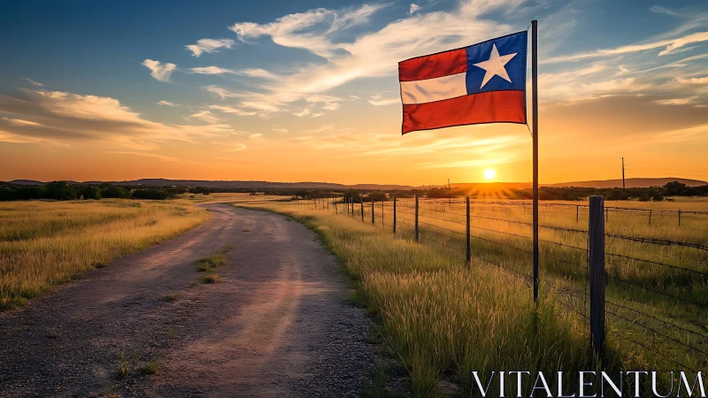 Sunset road and proud lone star flag over golden prairie.