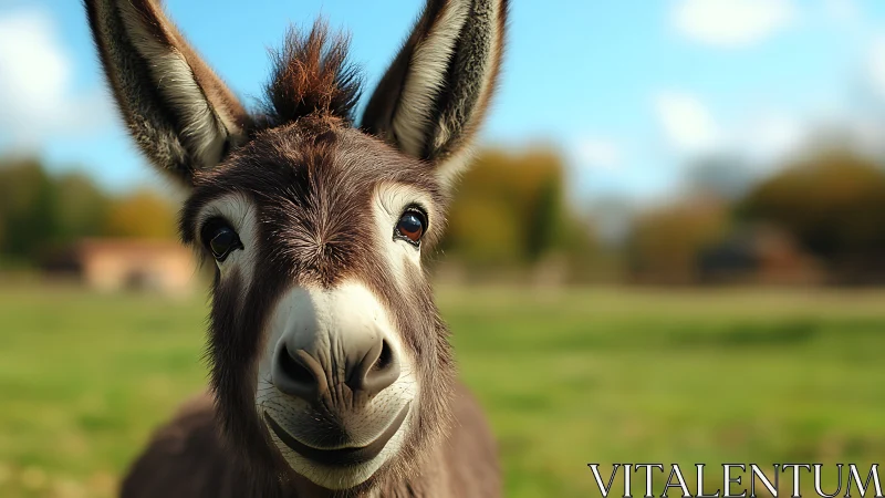 Close-up frontal portrait of young donkey in sunlit pasture