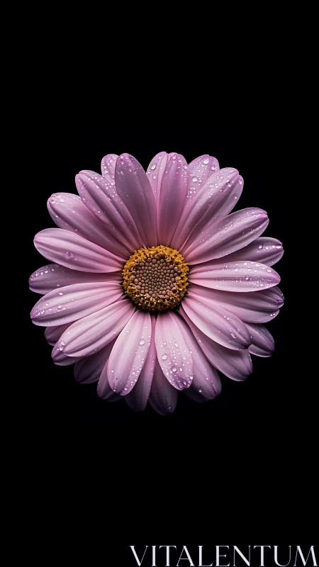 Pink daisy macro with water droplets on black background.