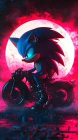3D neon-lit hedgehog biker against lunar backlight composition.
