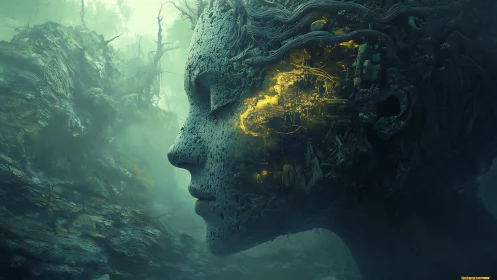 Bio-mechanical forest titan with glowing inner circuitry.