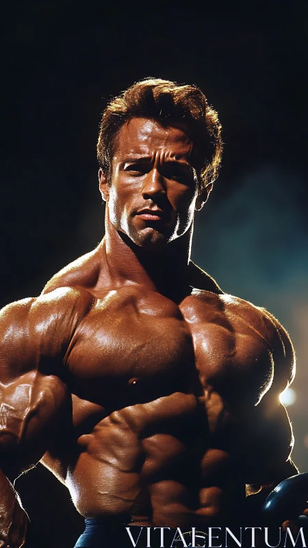 Muscular male torso is lit by strong directional studio lighting