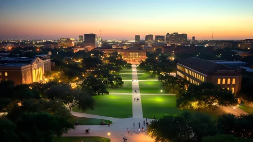 Sunset strolls through a glowing campus lawn and city lights.