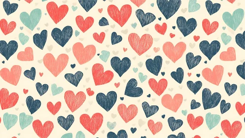 Scattered Hearts Pattern in Coral, Navy, and Mint Tones