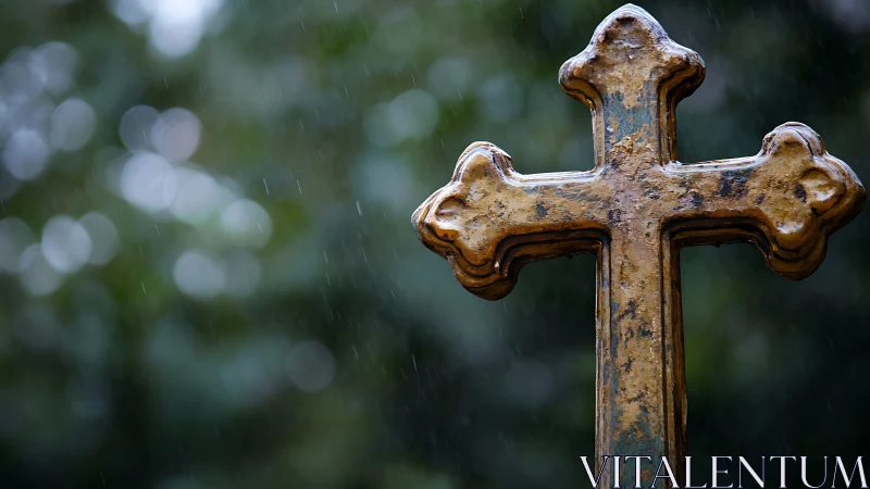 Weathered metal cross against soft bokeh rain field depth study.