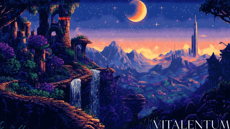 Pixel art fantasy valley uniting ruins, waterfalls and neon city