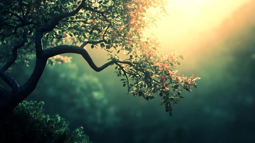 Serene flowering tree branch in soft morning sunlight, painterly style.
