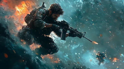 Storm-lit soldier dives through fire and shattered rainstorm.