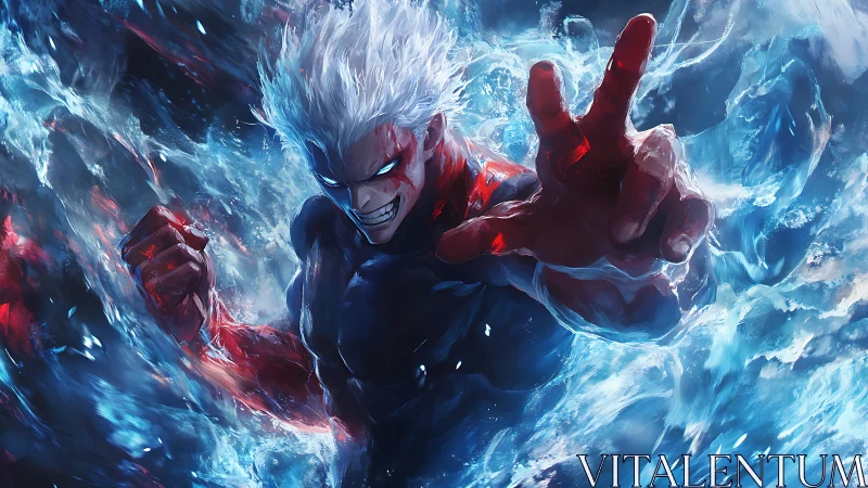 White-haired warrior unleashes blue energy storm in fury