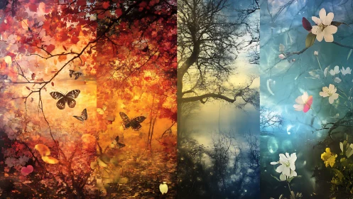 Seasonal landscape panels with trees, butterflies, flowers.