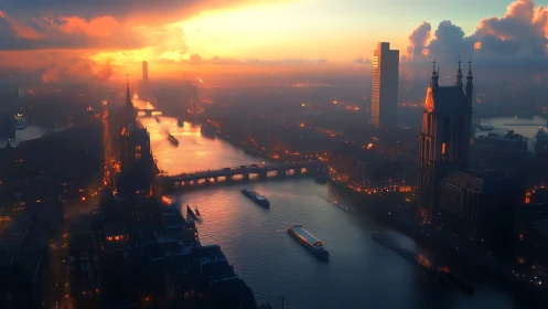 Sunlit river city wrapped in evening mist and golden glow.
