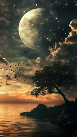 Surreal lunar shoreline with silhouetted tree and avian drift.