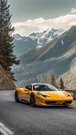 Golden supercar cuts through serene alpine mountain pass