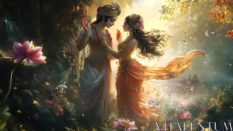 Two Figures in Ornate Dress Within Luminous Garden Setting.