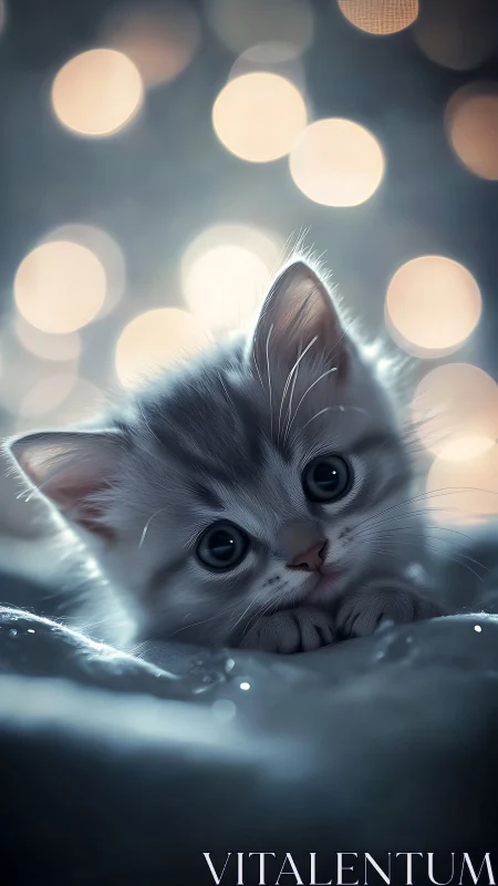 Fluffy kitten with large eyes in bokeh-lit environment.