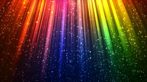 Rainbow starlight pours downward like a digital aurora veil
