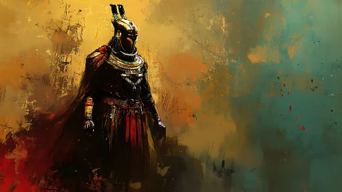 Armored warrior in ornate helm against vivid abstract field.