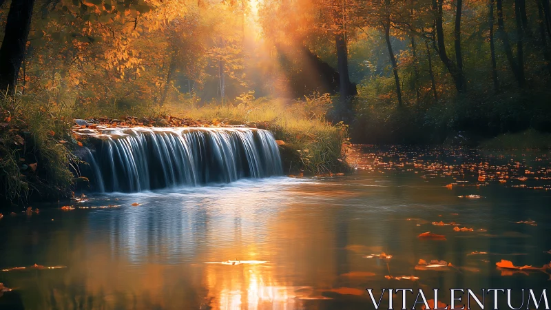 Tranquil Autumn Forest Stream with Soft Waterfall at Sunset.