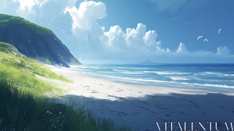 Sunlit shore with gentle waves and softly glowing clouds.