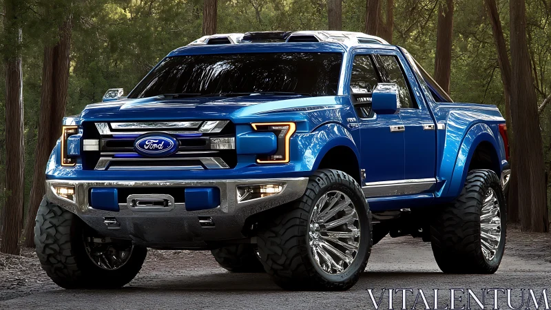 Bold blue off road truck shining under a forest canopy.