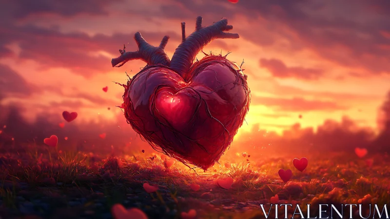 Glowing Heart with Vessels Against Dramatic Sunset.