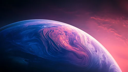 Distant planetary sphere under magenta and blue nebula sky.