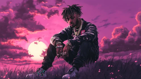 Solitary figure rests in neon pink dusk meadow under moon