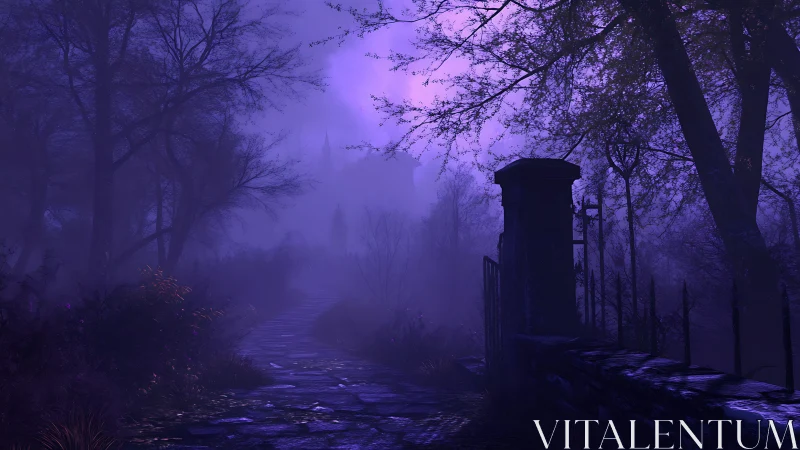 Foggy forest path leads toward distant haunted tower
