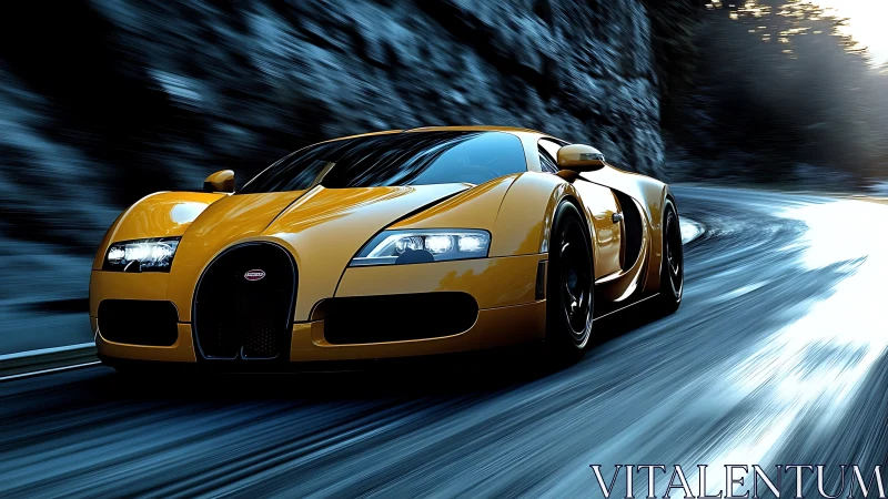 Golden supercar slices through icy mountain highway at speed