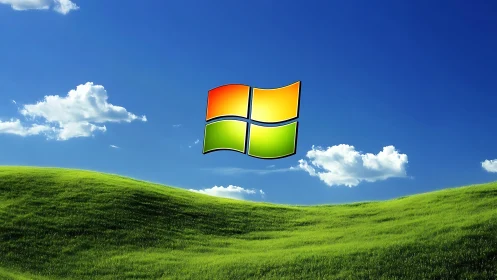 Iconic window emblem floats above sunlit digital hillside