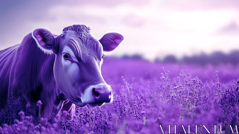 Lavender-toned cow rendered in hyperreal pastoral lighting