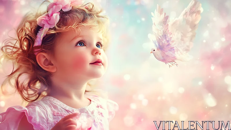 Toddler gazes at pastel dove in dreamy soft light scene.