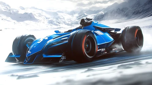 Futuristic blue race car accelerates across icy landscape