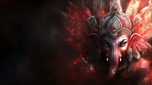 Red elephant-headed deity portrait emerges from dark void