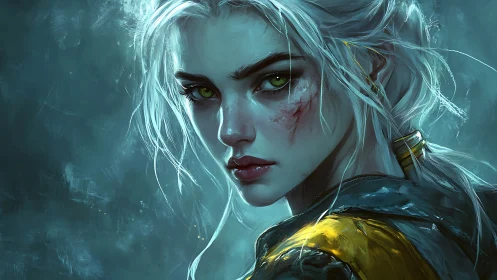 Scarred silver haired warrior holds defiant gaze in teal haze