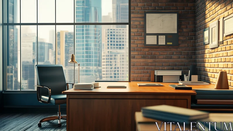 Modern Executive Office Overlooking Cityscape Skyline.