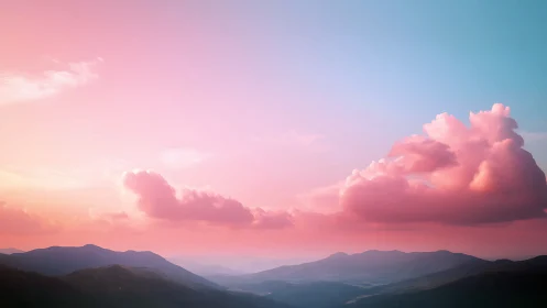 Pastel gradient sky over layered mountain horizon panorama.