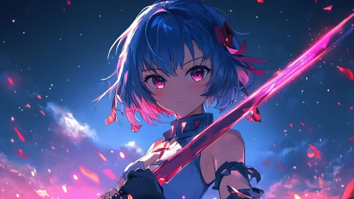 Blue-haired anime swordswoman under glowing twilight sky.