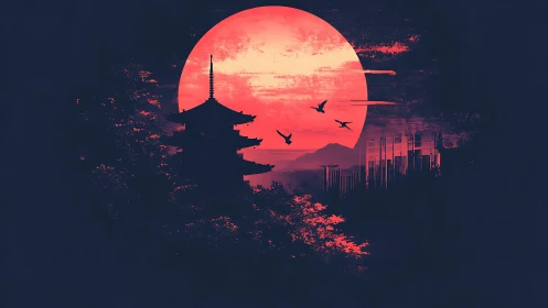 Crimson sun uniting pagoda silhouette and neon cityscape.