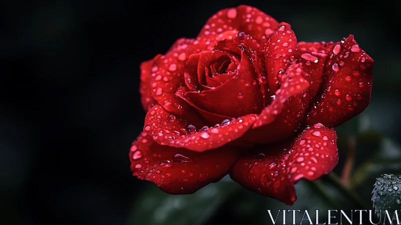 Red rose with water droplets and dark background