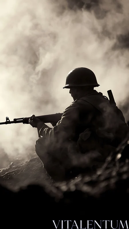 Silhouetted infantry soldier crouching in dense battlefield smoke.