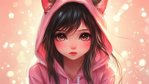 Pink hooded girl with cat ears in soft bokeh lighting.