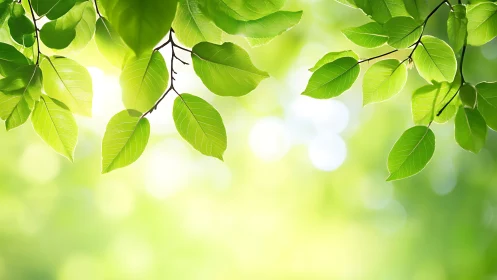 Fresh green leaves on tree branches with sunlit bokeh background.