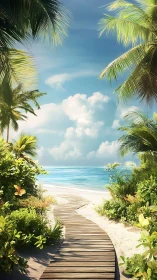 Tropical Beach Boardwalk: Palm-Framed Coastal Path to Blue Ocean