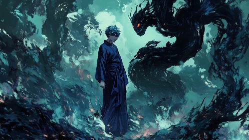 Sorcerer in abyssal vortex confronting emergent shadow entity.