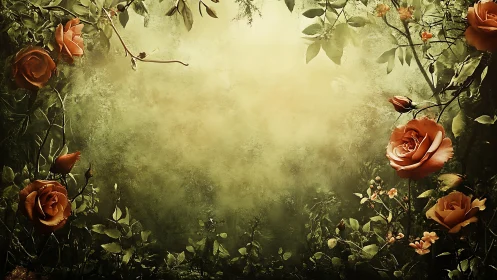 Roses and Foliage Within Muted Yellow-Green Composition.