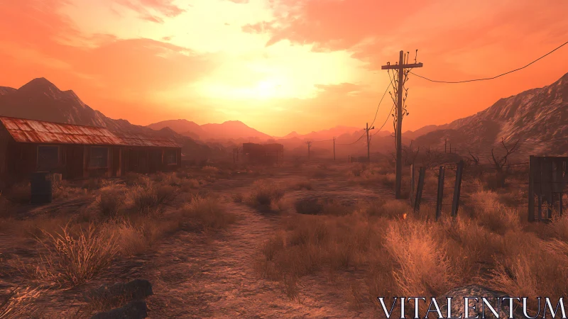 Sunset silence over a dusty desert road and empty shacks.